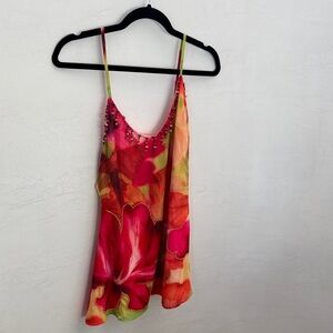 White Fox Floral Beaded Silk Cami Top in Pink and Orange